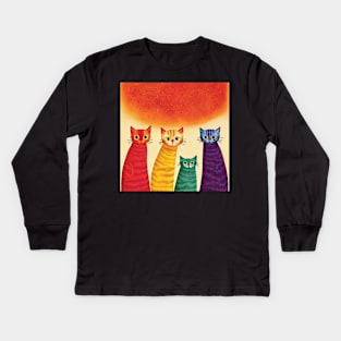 Four Quirky Multicoloured Cats Print. Purple, Red Yellow and Green Kids Long Sleeve T-Shirt